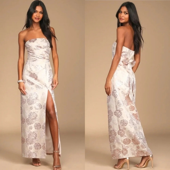 Lulu's Redefine Regal Pale Pink Floral Jacquard Strapless Maxi Dress Wedding - Picture 1 of 11